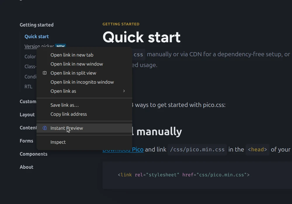 Instant Preview highlighted in a link’s right-click menu.
