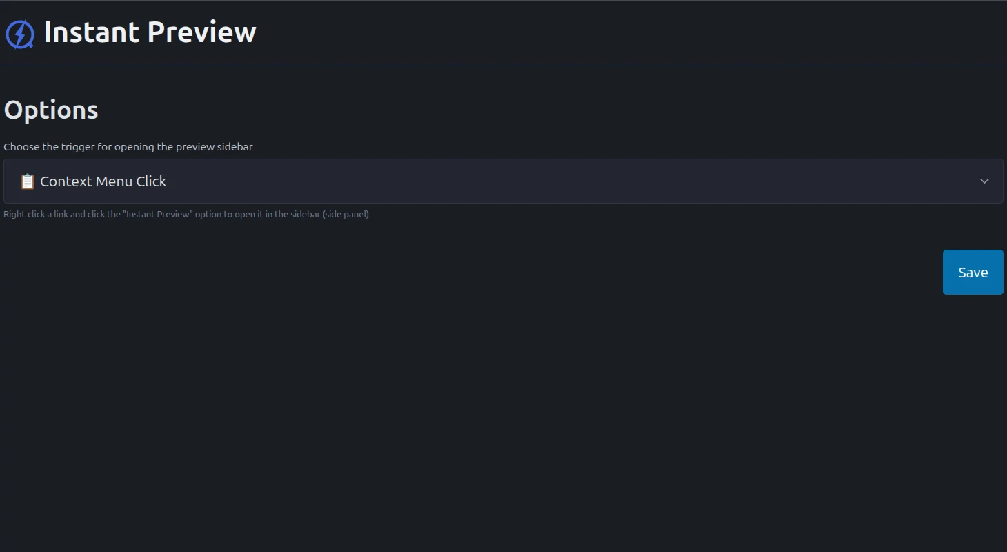 Preview settings with Context Menu Click selected and a Save button.