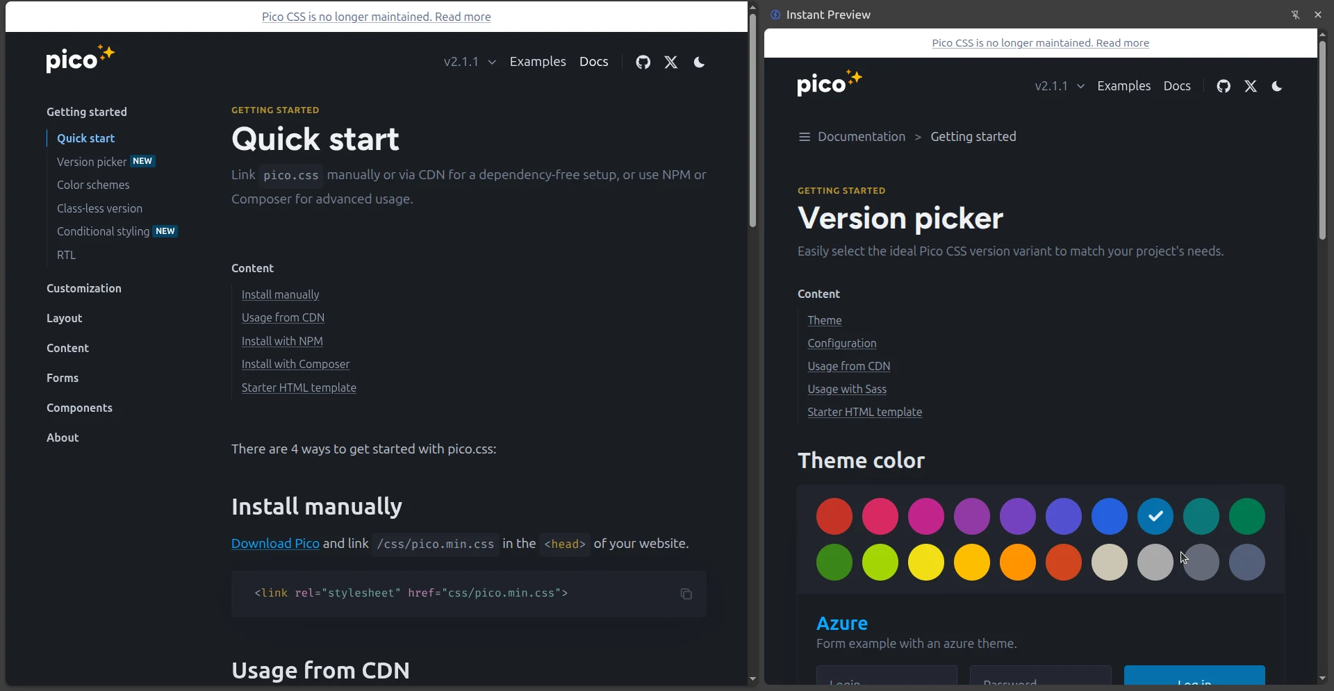 Pico CSS Quick start stays open beside the Version picker preview.